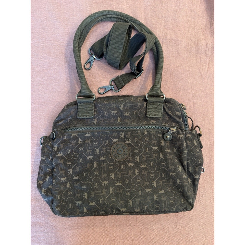 Kipling Olive Brown Nylon Crossbody Shoulder Bag Monkey Mania Print Satchel